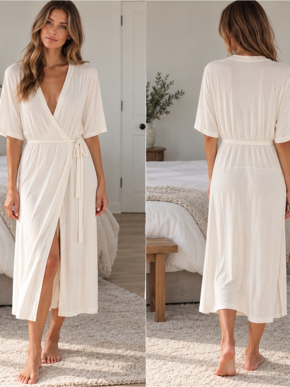 Barefoot Dreams Luxe Milk Jersey Wrap Dress or Robe Champagne Size Small